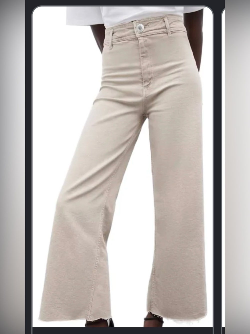 Zara Off-White Wide-Leg Cropped Chinos with Frayed Hem